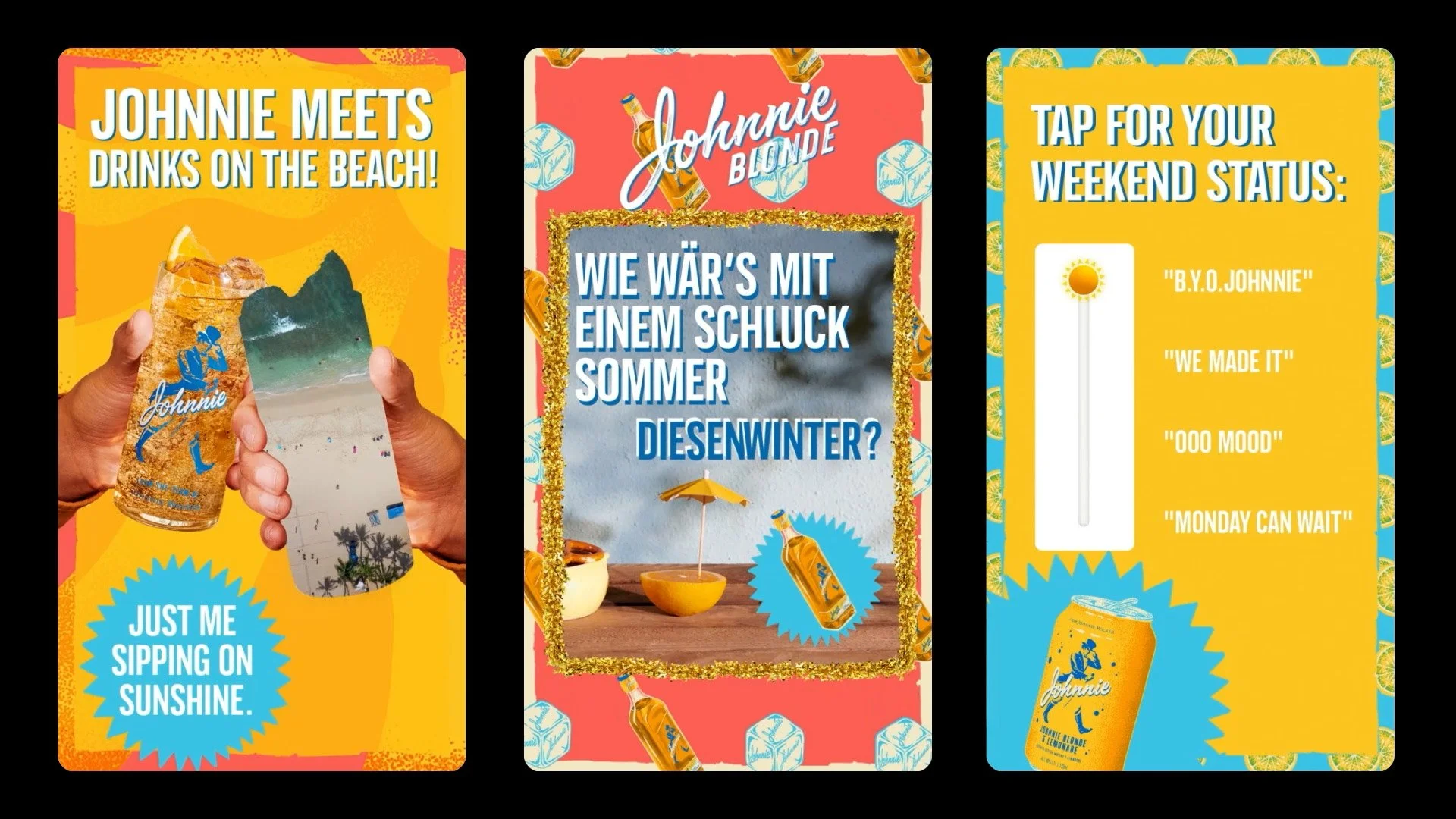 Three colorful promotional posters for Johnnie Blonde Lemonade, featuring beach and summer themes, drinks, and brand slogans.