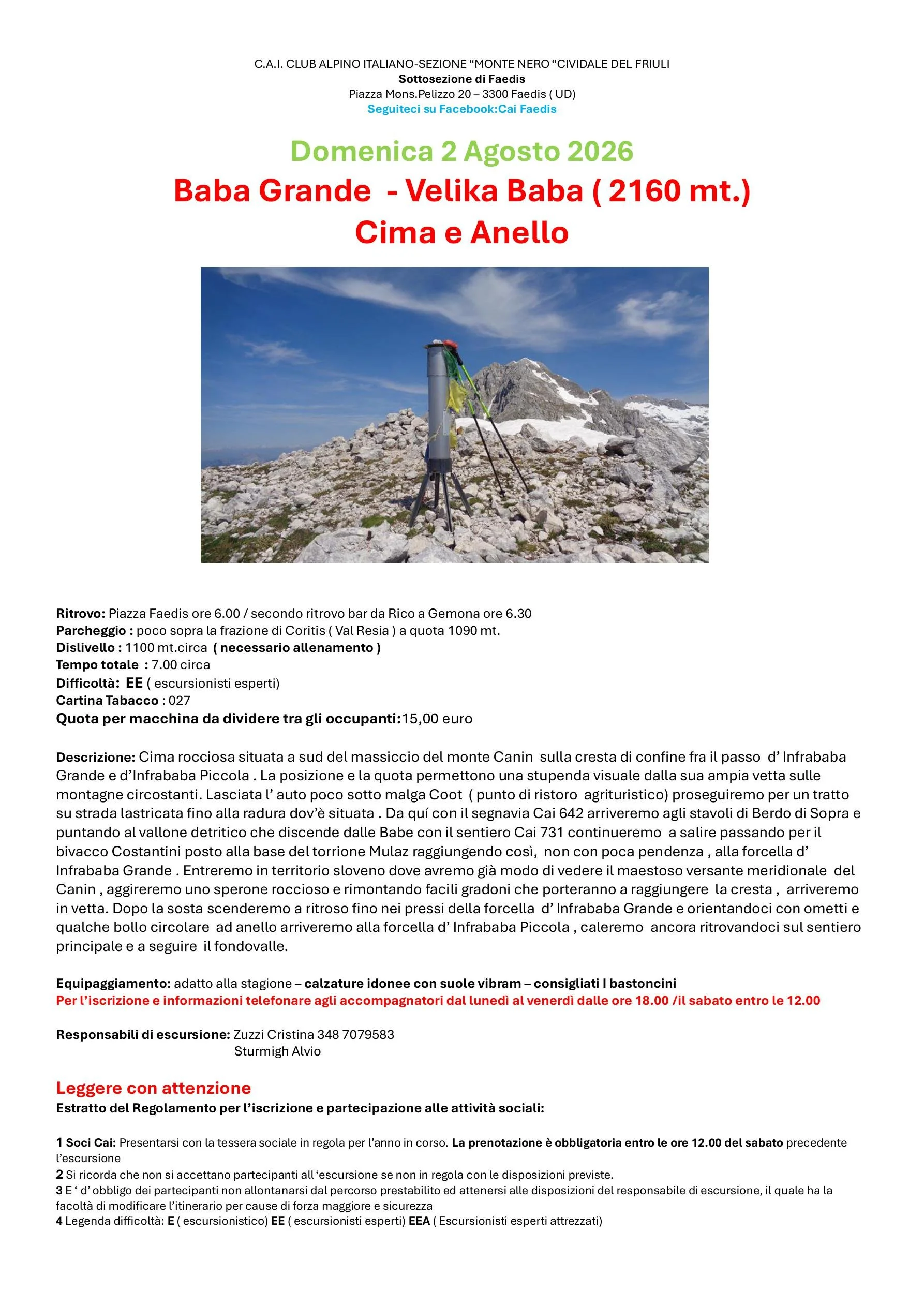SOTTOSEZIONE DI FAEDIS: Baba Grande - Velika Baba (2160 mt.) Cima e Anello (EE)