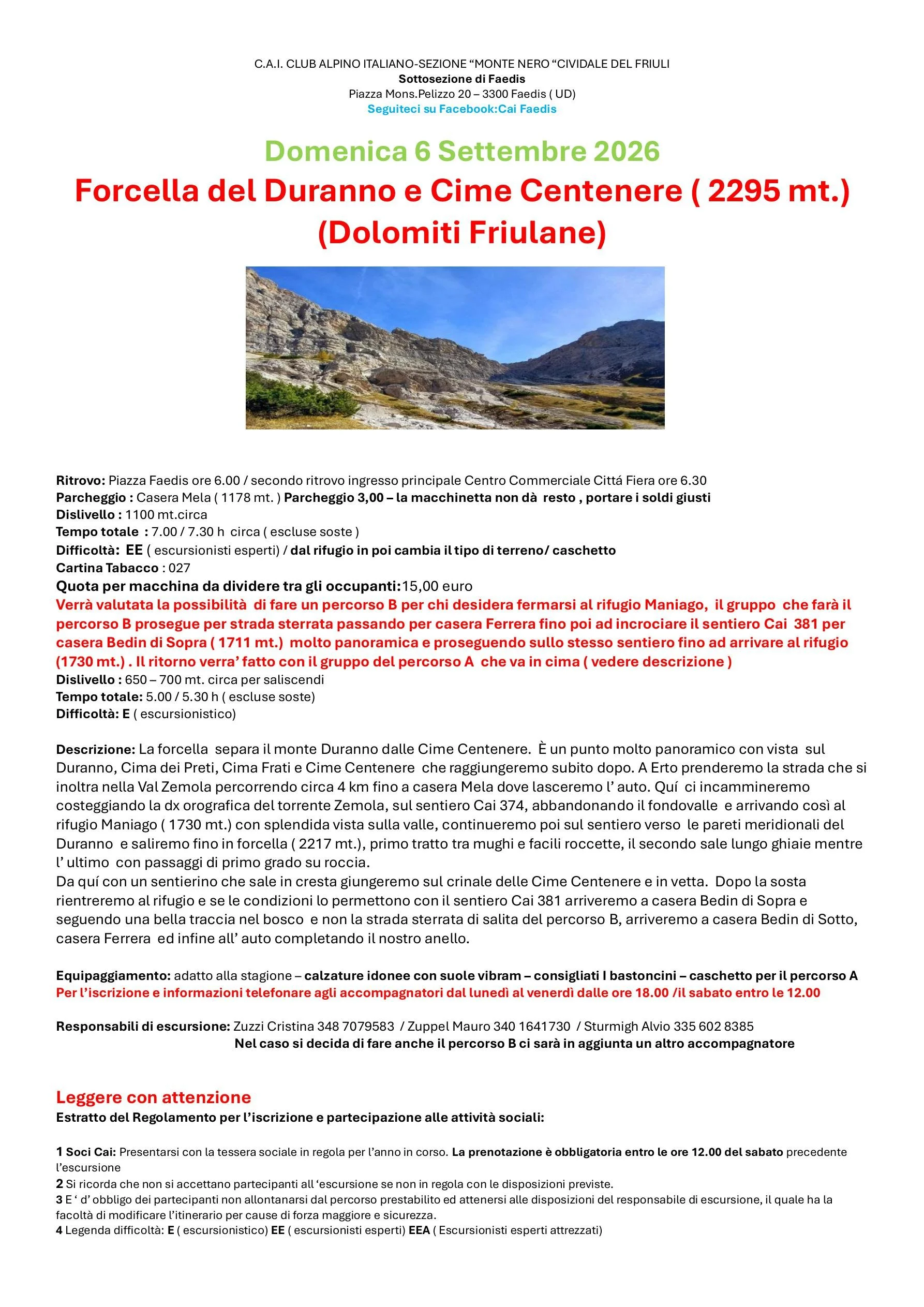 SOTTOSEZIONE DI FAEDIS: Forcella del Duranno e Cime Centenere (EE)