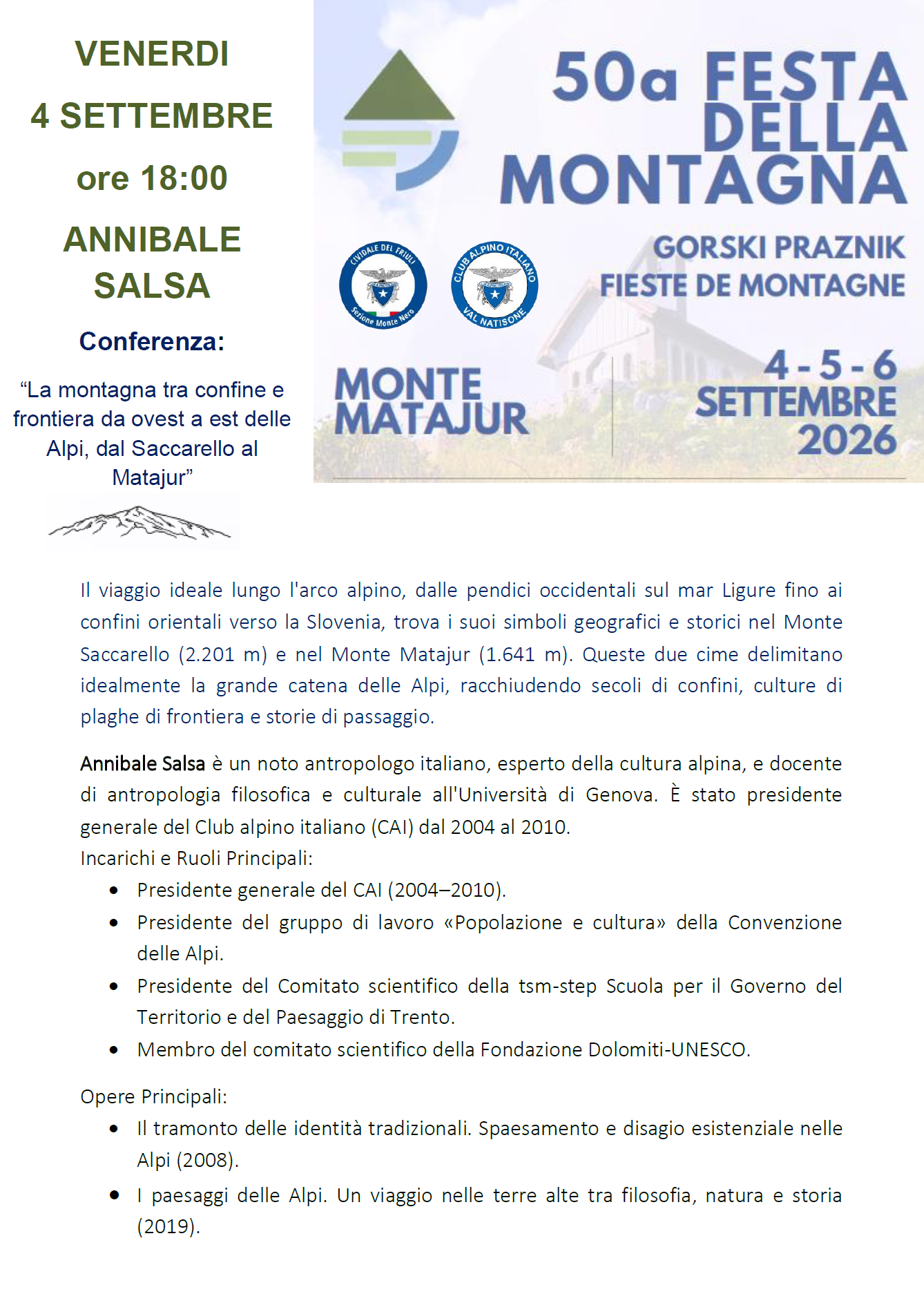 ANNIBALE SALSA - Conferenza: “La montagna tra confine e frontiera da ovest a est delle Alpi, dal Saccarello al Matajur”