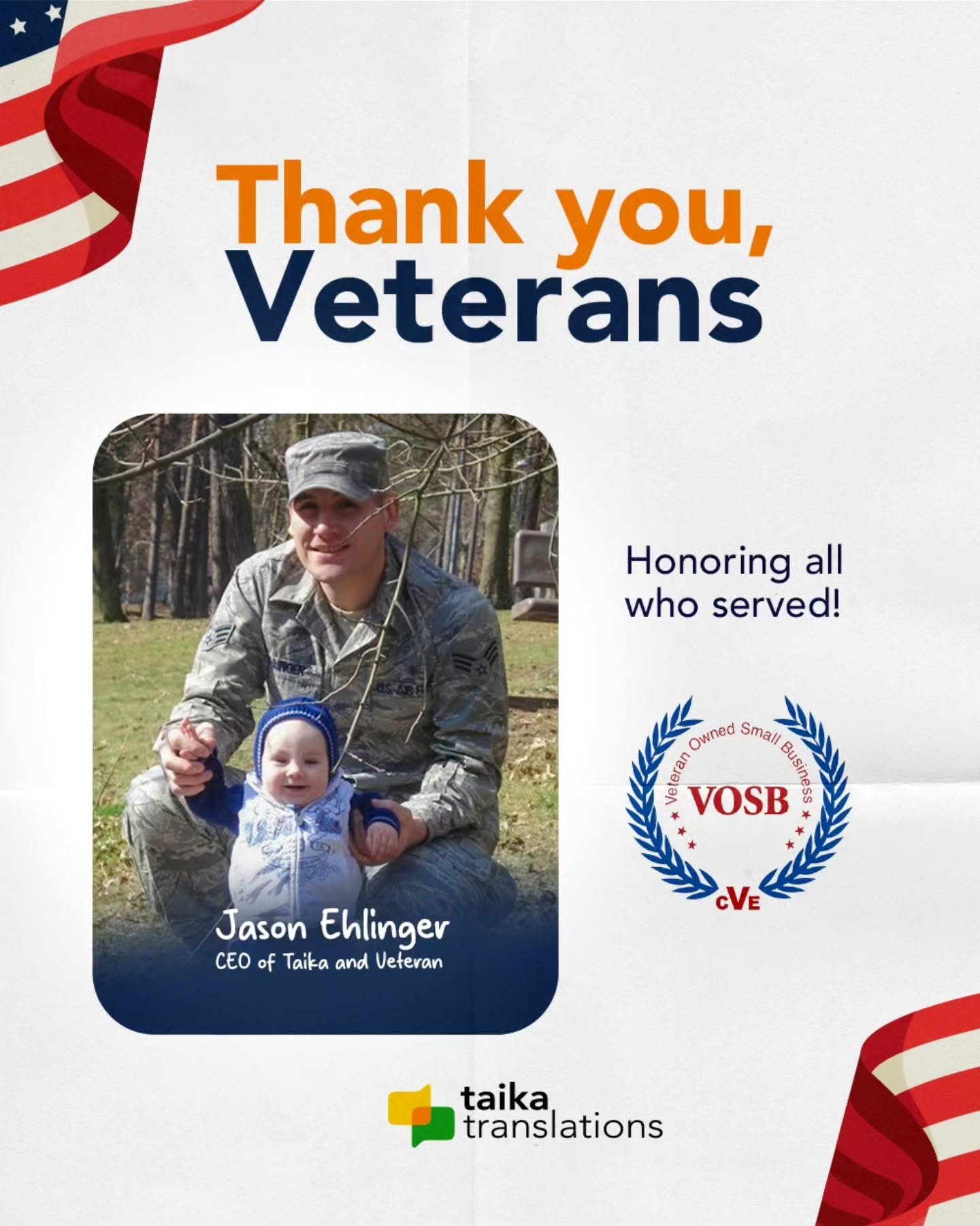 Today, we honor all who served. 🇺🇸

At Taika, Veteran&rsquo;s Day is personal. 

Our CEO, Jason Ehlinger, is a U.S. veteran, and his example reminds us that service means putting others first, showing up with courage, and building bridges so people