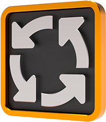 Black silhouette of 4 arrows in a circular process diagram formation on an orange disk background