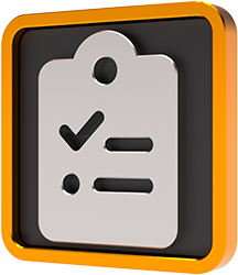 Black silhouette of a clipboard with text and a tick mark on an orange disk background