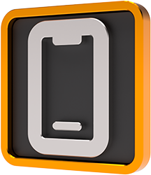 Black silhouette of a smart mobile phone on an orange disk background