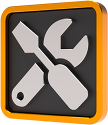 Black silhouette of a crossed screwdriver and hammer image  on an orange disk background