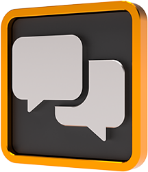 Black silhouette of overlapping speech bubbles on an orange disk background