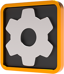 Black silhouette of a black cog wheel on an orange disk background