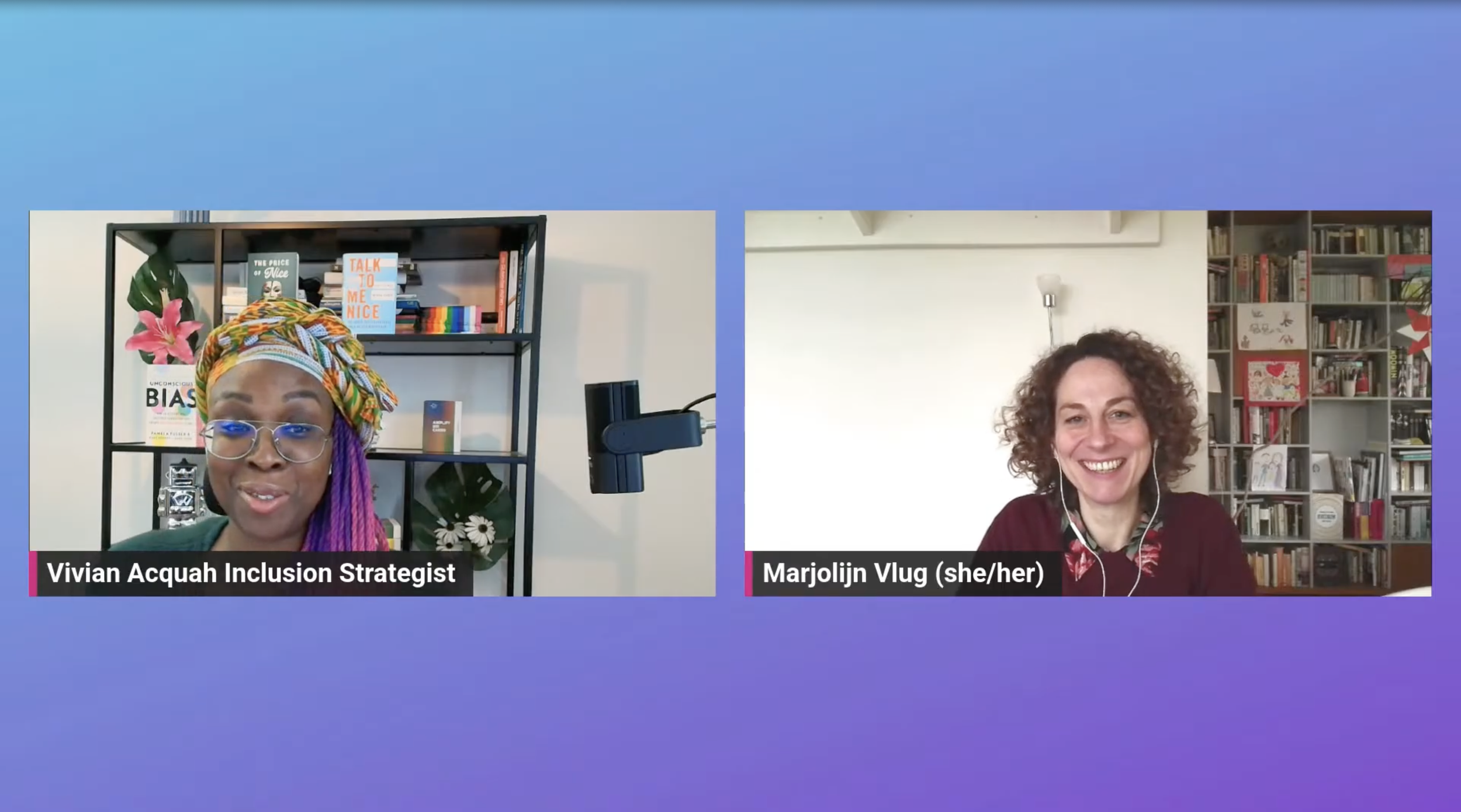 Two women engaging in a virtual video call. The woman on the left, labeled Vivian Acquah, is wearing glasses, a colorful headscarf, and a dark top, with a bookshelf and colorful decorations behind her. The woman on the right, labeled Marjolijn Vlug, has curly hair, is smiling, and is wearing a maroon top with a white shirt underneath, with a bookshelf filled with books behind her.
