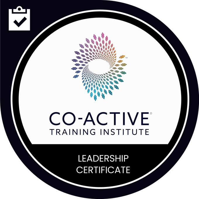 Co-Active Training Institute Leadership Certificate logo with a colorful spiral design.