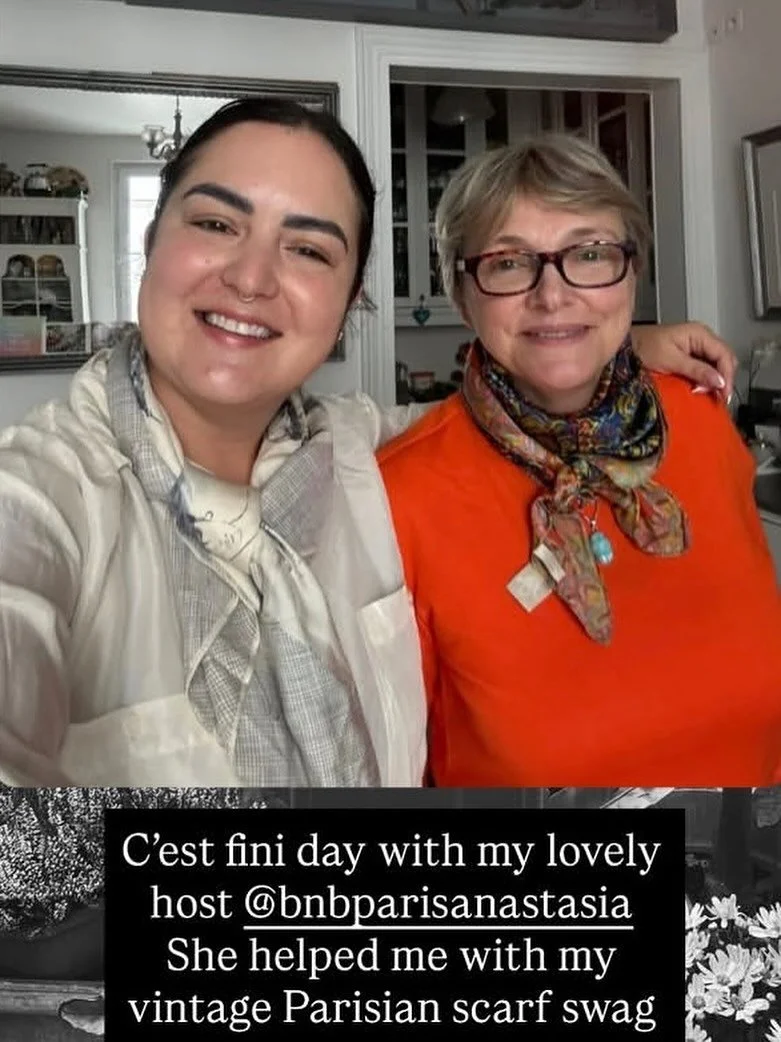 How perfectly Parisian is this? Two gorgeous women in their French scarves!! My beautiful and extremely professional polished and friendly hostess Anne (at B&amp;B Anne and Pascal the new Petite favourite that I've just posted about) - and my fabulou