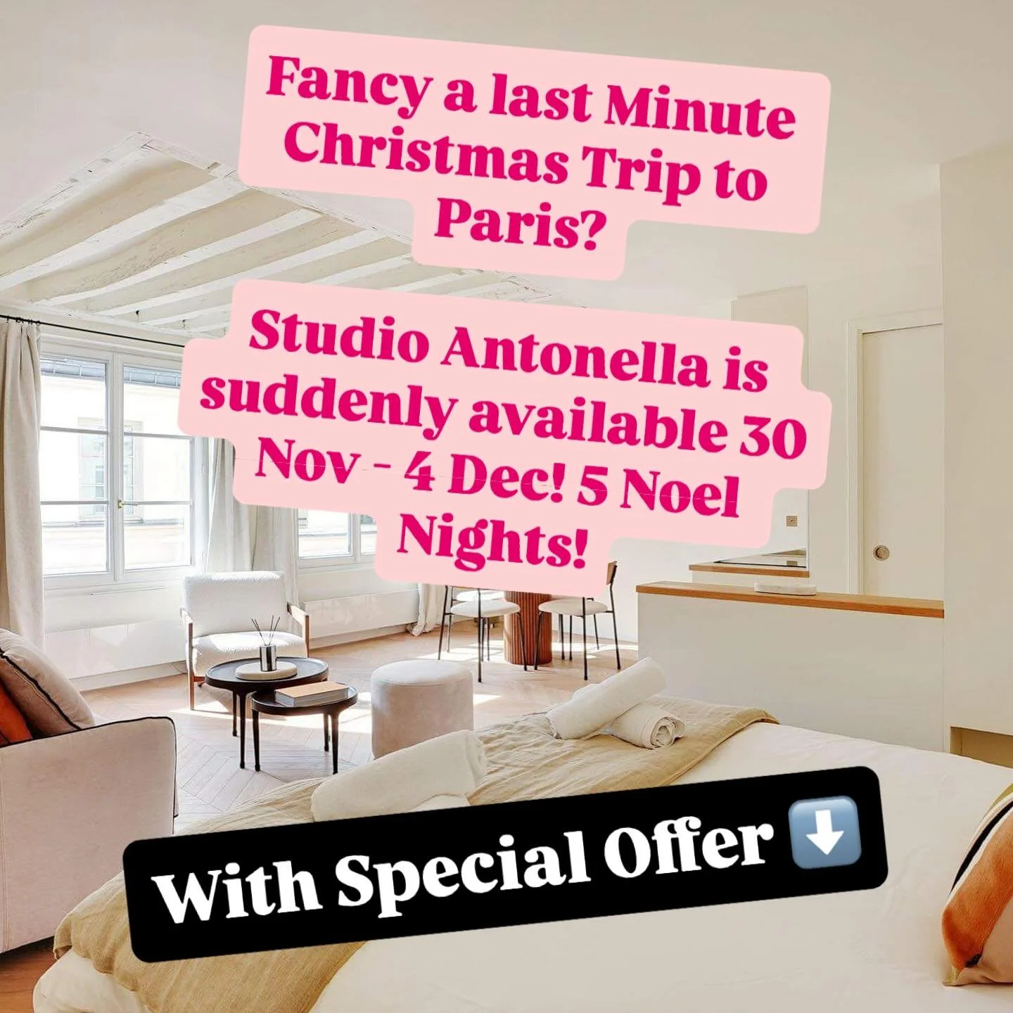 Happy Sunday Paris dreaming tout le monde, I have a last-minute Chrissie availability for someone special, free &amp; brave enough to book a last min. Petite Paris trip &amp; get their first christmas celebration in, in Paris, before christmas at hom