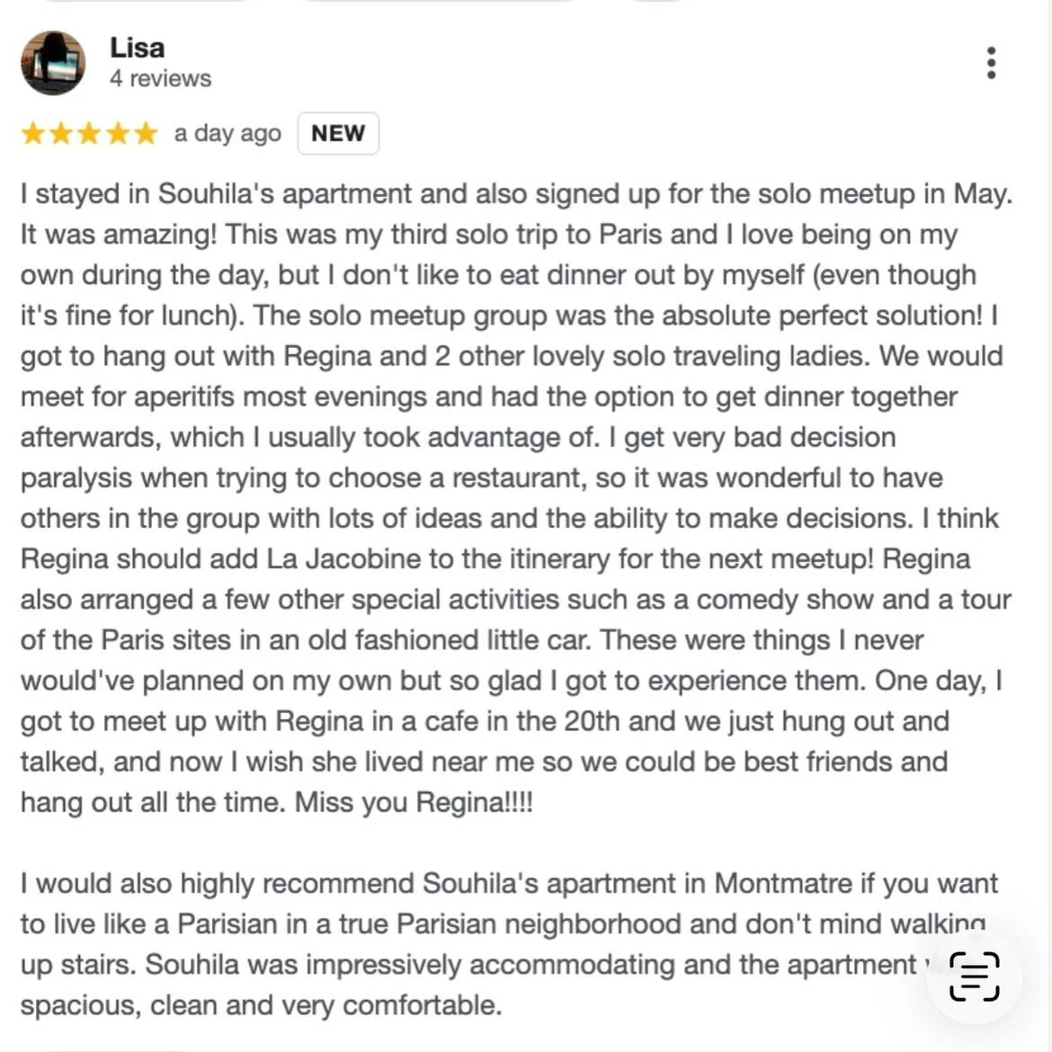 Thank YOU Lisa @lessa2.0.1 for being the love, the life, the laughs (all of it) that you brought to the Petite Paris Solo Meet Up 🙏 And...for this amazing beautiful review!! ✨💛

The Solo Traveller Meet Up week, the experience, the moment, needed YO