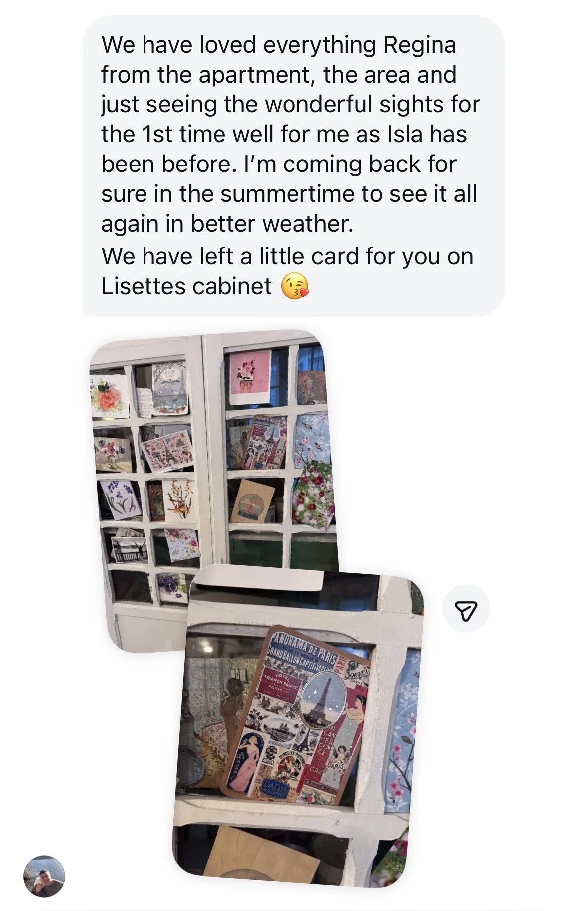 My first card - merci Liz and Isla for staying at Lisettes Apartment - March/April 2026