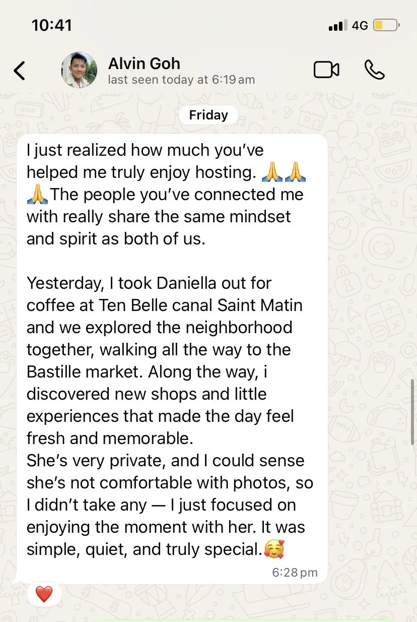 Alvins beautiful message to me about hosting Petite guests in her apartments - LOVE! October 2025
