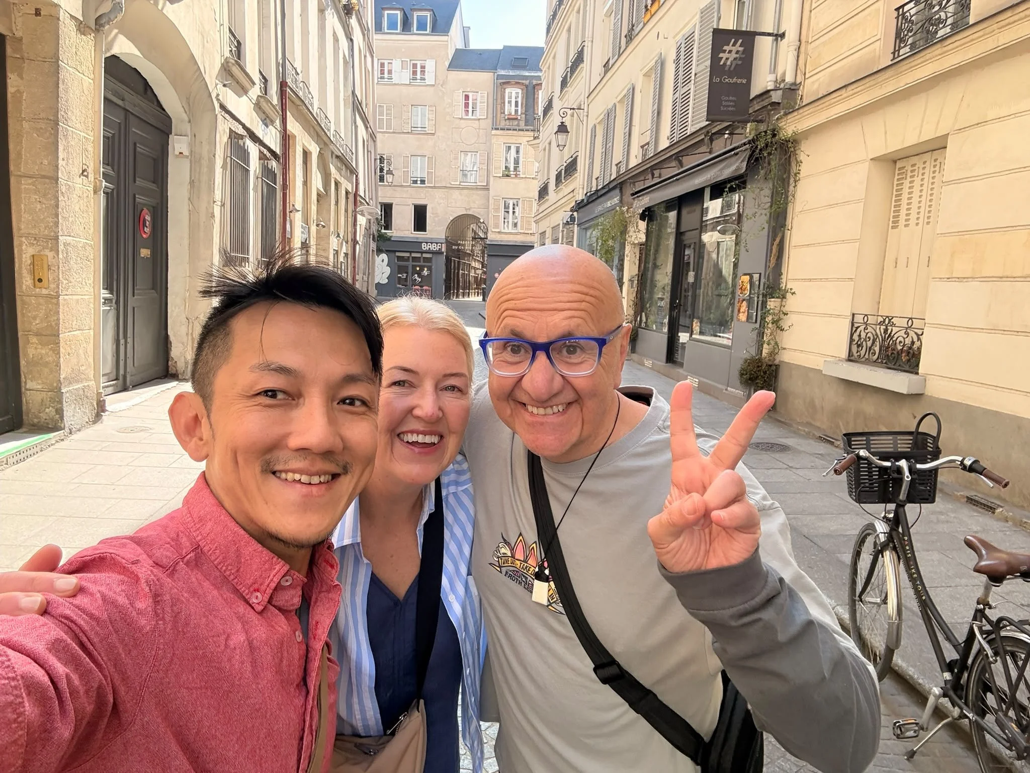 Janine and Ray from Melbourne Australia with Alvin outside their petite paris apartment - August 2026
