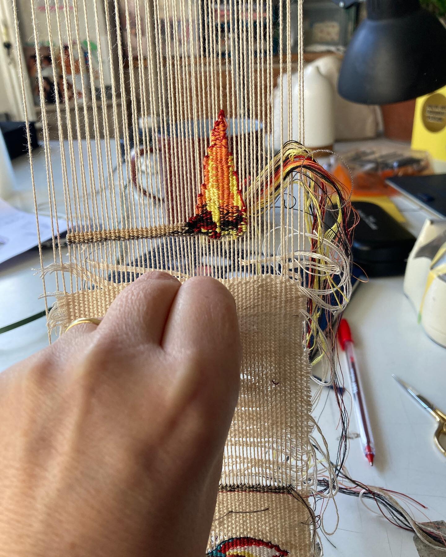 Weaving then unweaving. Lit matches, warp intact. More to come &hellip;. #tapestry #textiles #handweaving #arttextile #burningdownthehouse #tapestryinstallation