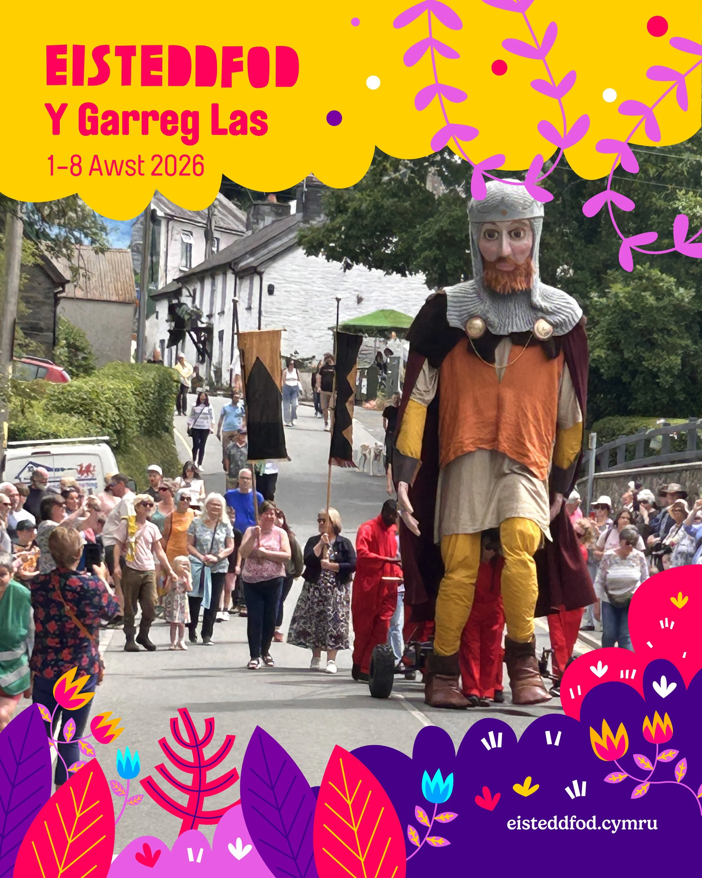 The slide advertises Lord Rhys the giant puppet at the Eisteddfod on 1st August