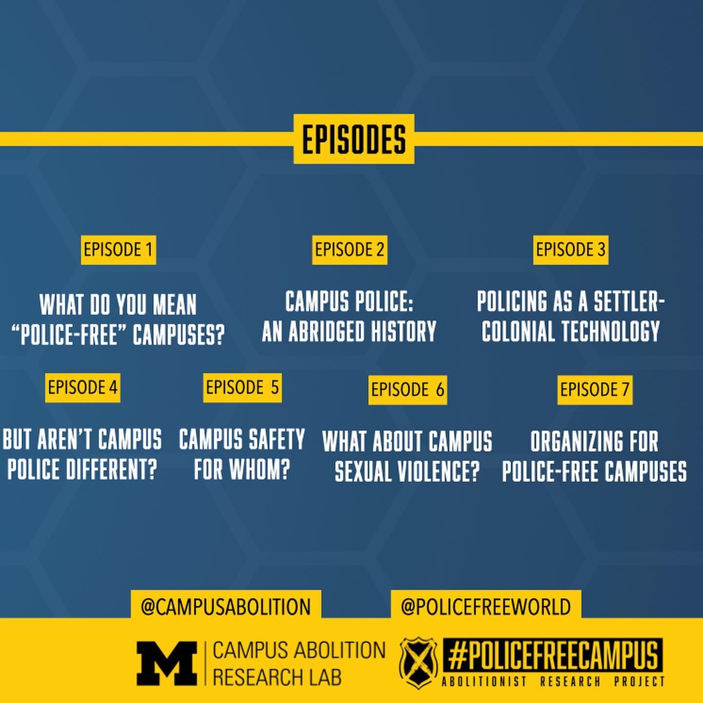 Welcome to the #PoliceFreeCampus Podcast!

This series brings together comrades and colleagues working to reimagine colleges, universities, and a world without police.

Building on the work initiated by the @S4BLCollective , which introduced the #Pol