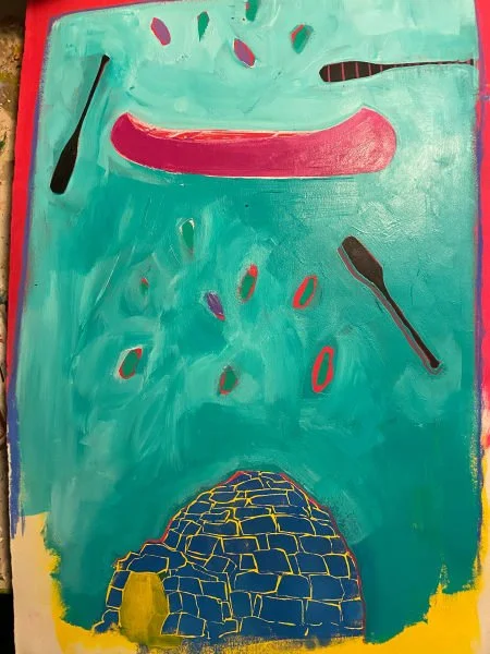 Igloo, Canoe, and Paddles, Acrylic on Paper - Monoprint, 14" x 11" (1992) - $1,400