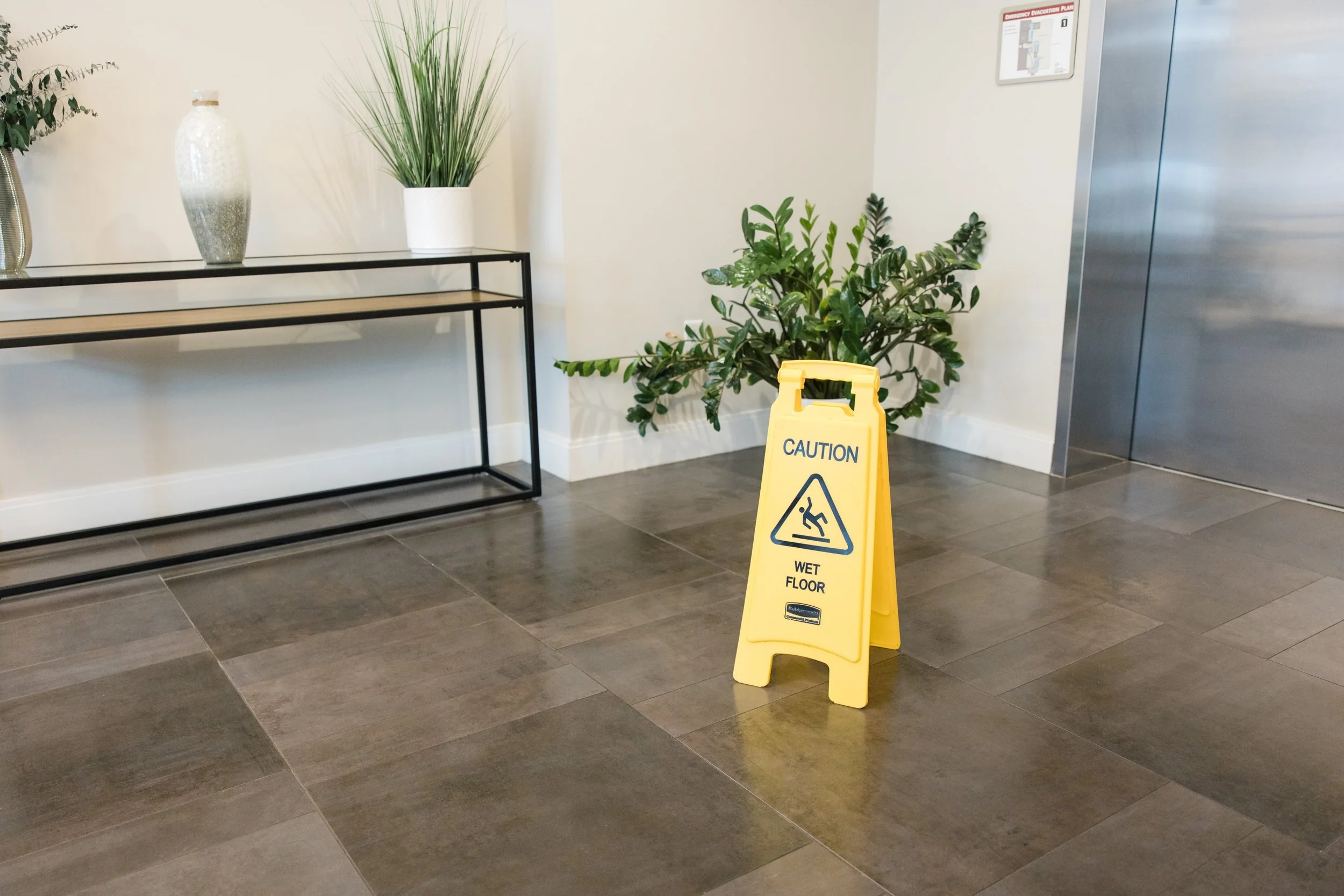 Indoor scene with decorative vases on a black metal and wood console table, large green potted plants, and a wet floor caution sign near an elevator.