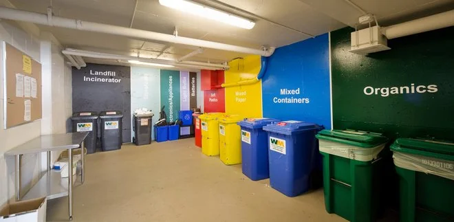 Color-coded waste disposal bins labeled for landfill, landfll incinerator, recyclables, paper, mixed containers, and organics in an indoor recycling facility.