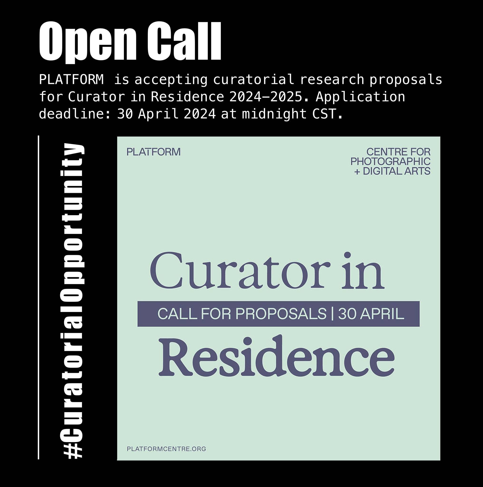 Curatorial Opportunity Alert! 
@platform_centre  is currently accepting applications for its Curator in Residence program. They are on the lookout for visionary curators ready to shape the art landscape with original group exhibition concepts for the