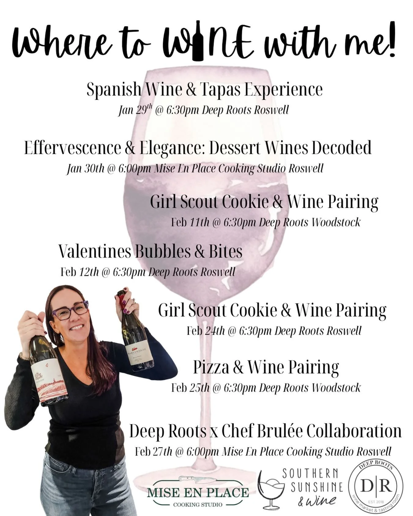 🍷✨ Where to wine with me this winter! ✨🍷

I&rsquo;m excited to share my upcoming wine events around Roswell &amp; Woodstock! 

Each event is designed to be fun, approachable, and full of good wine! All led by yours truly! 

Spots are limited and th