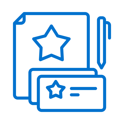 Outline of a clipboard and a business cards in blue