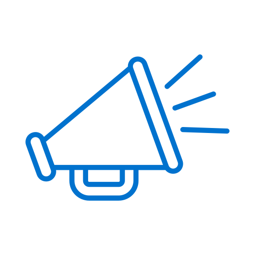 Blue outline of a loudspeaker with sound lines indicating it is emitting sound