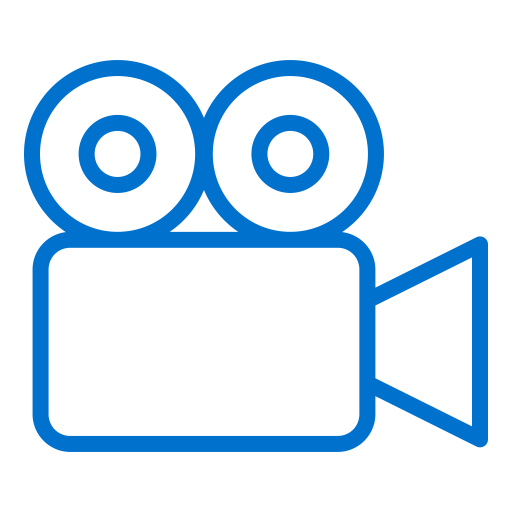 Outline of a vintage film camera with two reels on top and a lens on the front, depicted in blue