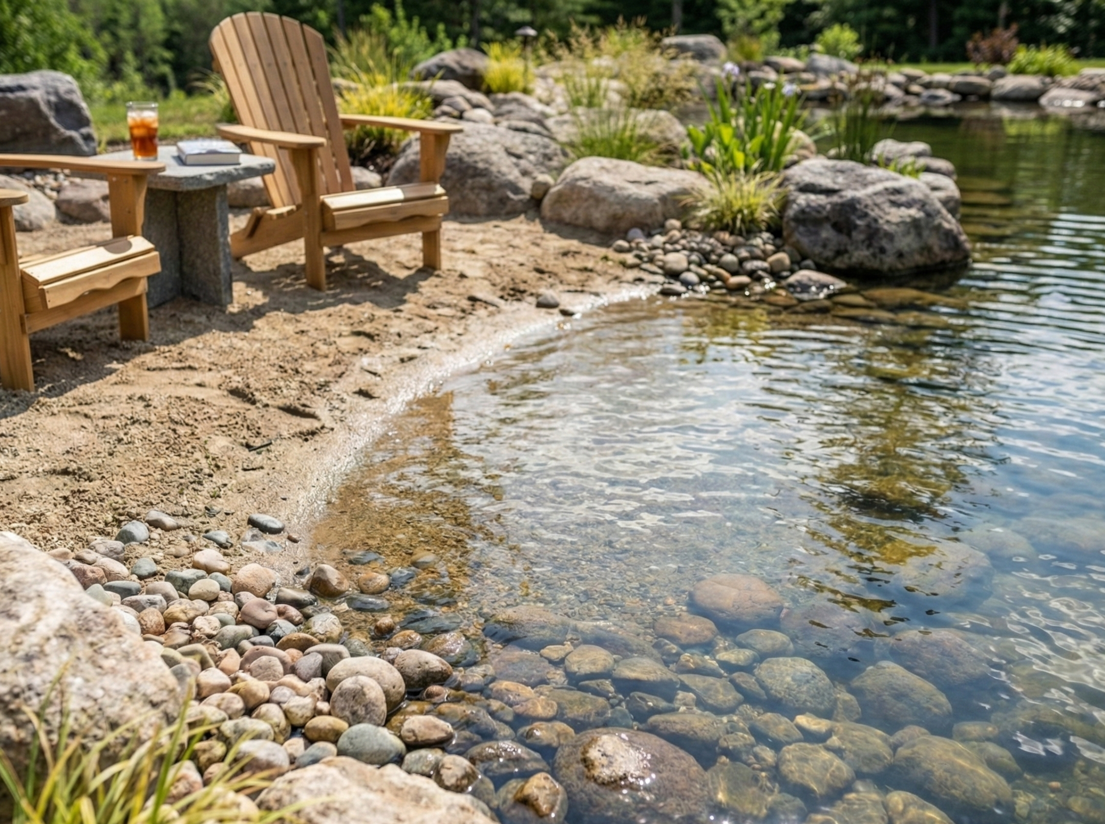 A lakeside scene with two wooden Adirondack chairs and a small concrete table on sandy shore, surrounded by rocks and greenery, with clear water and ripples.