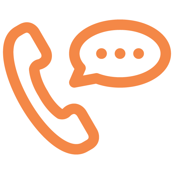 Orange phone receiver icon with speech bubble indicating communication or a phone call.