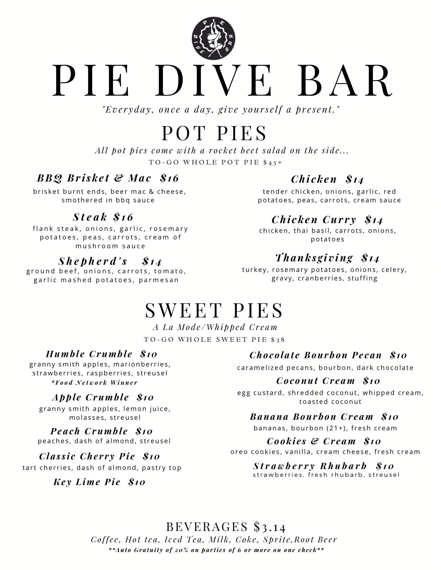 Menu — Pie Dive Bar