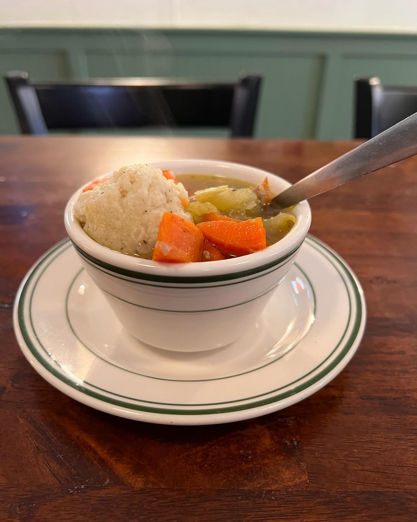 Specials this week: Beer Battered Green Beans; Bell Pepper, Corn, &amp; Cabbage Fritters; Chicken Pot Pie (last weekend for it &lsquo;til Fall!); Matzoh Ball Soup (cup of it pictured: dang-near guaranteed to cure what ails ya); and Strawberry Ricotta