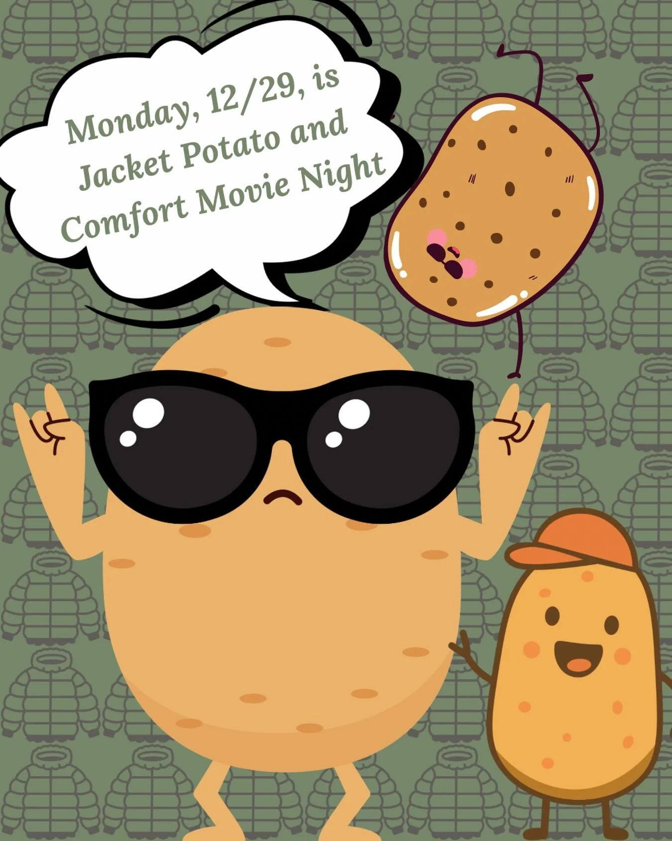 Tomorrow (Monday, 12/29) we will have Jacket Potatoes (Baked Potatoes) with lots of topping options as our special and our regular menu plus we will have some comfort movies playing (movies tbd). Hope to see y&rsquo;all tomorrow! #theopossumstale #pr