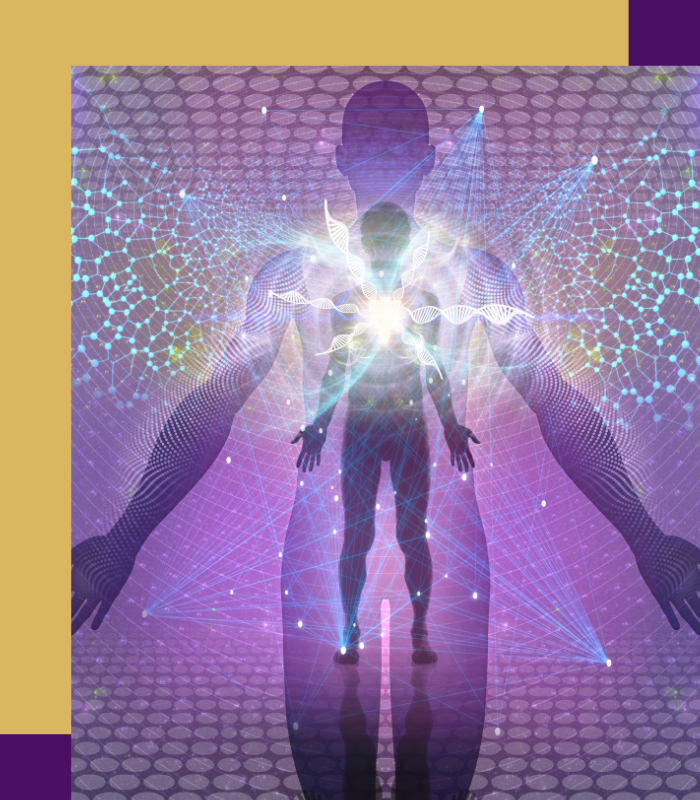 Digital artwork of a human silhouette with glowing DNA strands and interconnected network lines surrounding the body, representing concepts of genetics and technology.