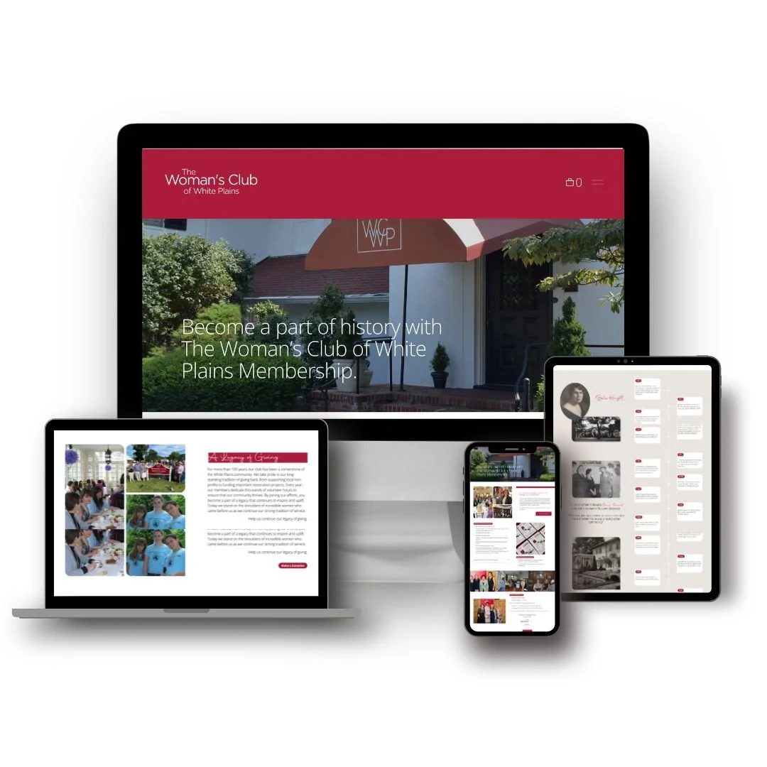 Multiple devices displaying a website for The Woman's Club of White Plains, featuring the club's history and membership information.