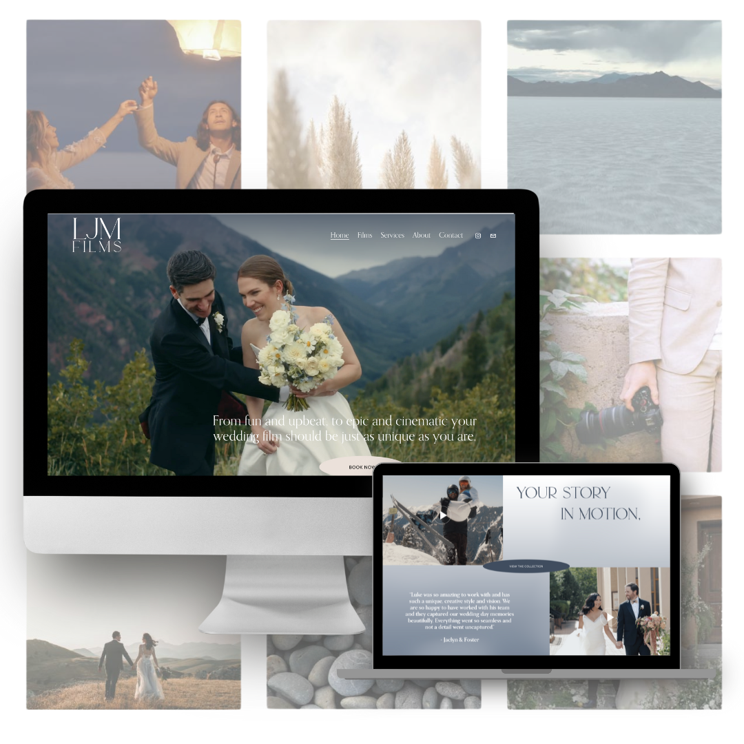 Collage of wedding and photography scenes, including a couple with a camera, scenic landscapes, a wedding couple in mountain setting, and a person releasing a sky lantern, overlaid with images of nature and outdoor environments.