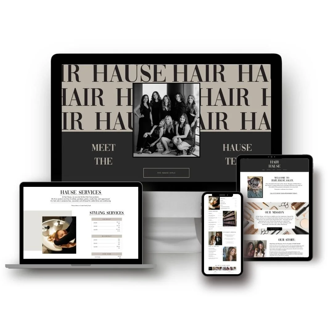 Multiple electronic devices displaying a hair salon's website and services, including a desktop, laptop, tablet, and smartphone.