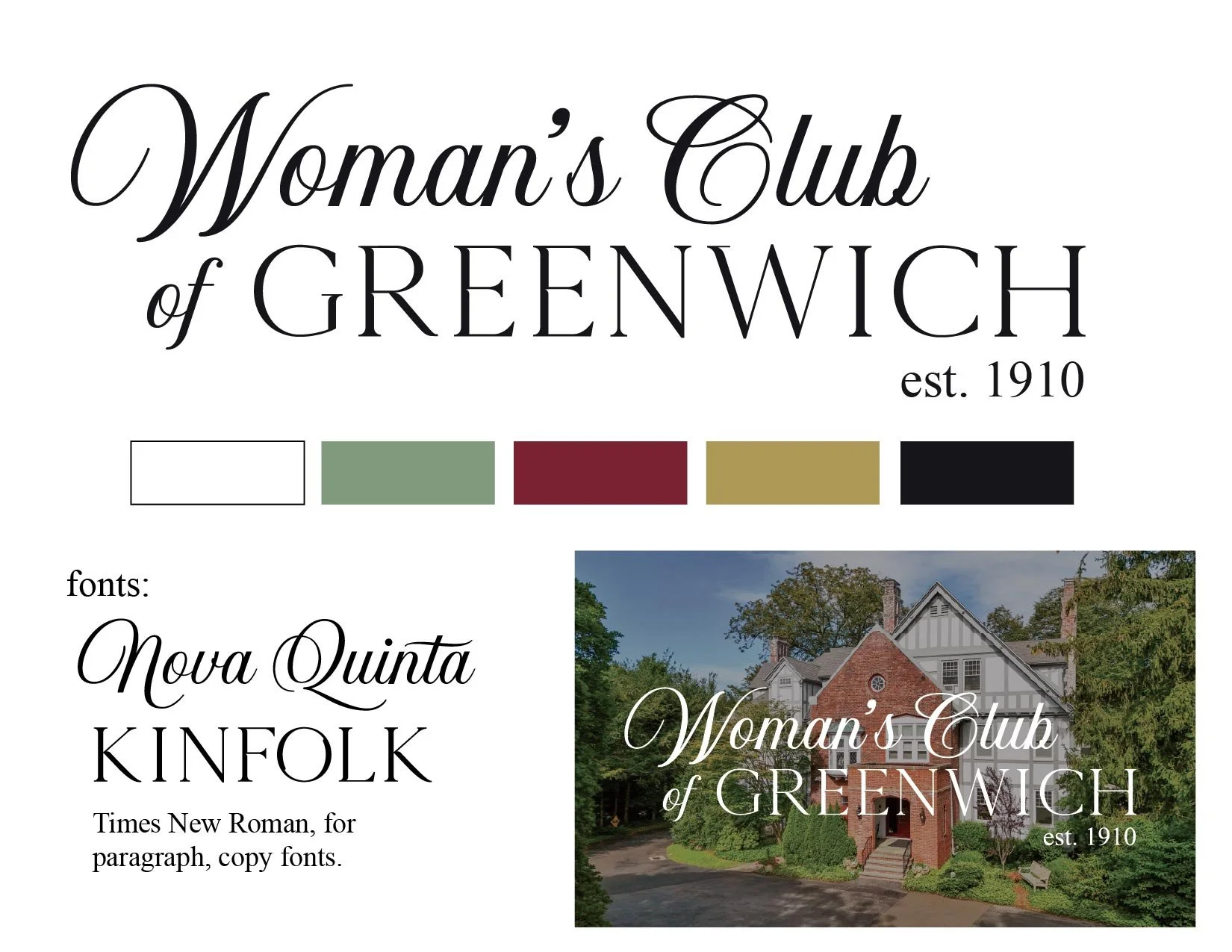 Design board for Woman's Club of Greenwich, established 1910, featuring logo, color palette, font samples, and a photo of a historic house surrounded by greenery.