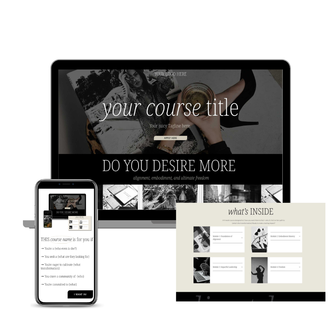 A promotional graphic for an online course showing a website on a laptop and mobile phone screens with course content and a sample inside module layout.