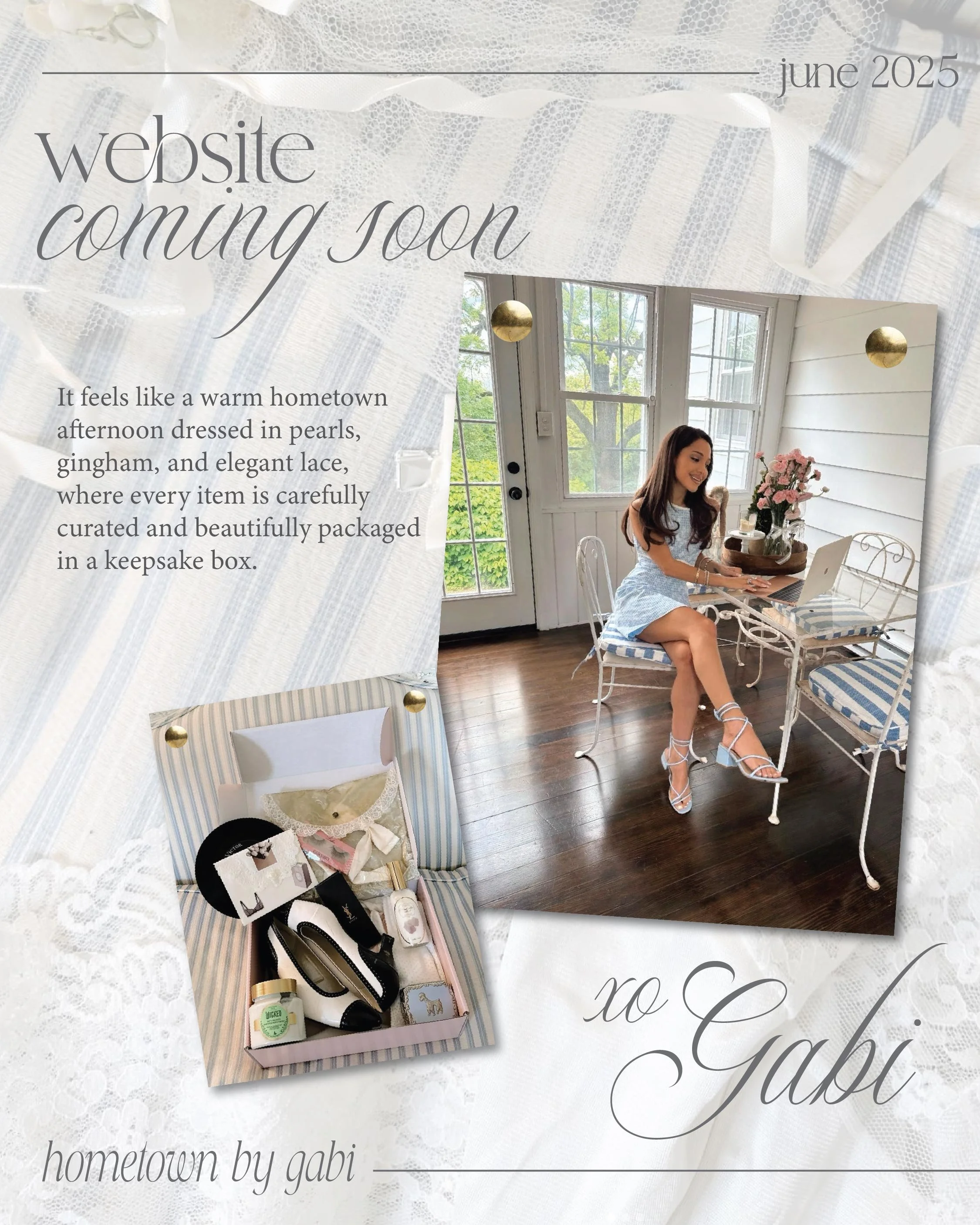 A promotional flyer for a website launch in June 2025, featuring a woman sitting at a white wrought iron table with a laptop and a vase of pink flowers, and a photo of a keepsake box with wedding items and gifts. The background has a soft pastel, lac