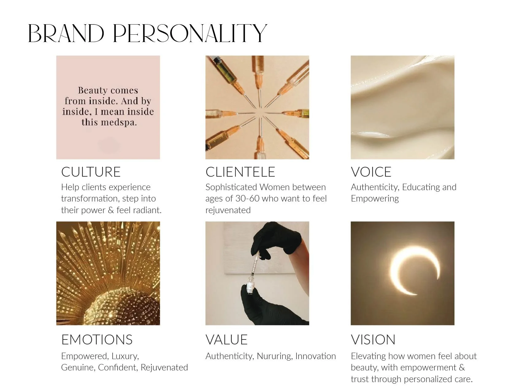 A poster titled 'Brand Personality' displaying six sections with text and images: a pink box with a quote about beauty, syringes in a star pattern, cream or lotion, a golden abstract light pattern, a gloved hand with a syringe, and a crescent moon.