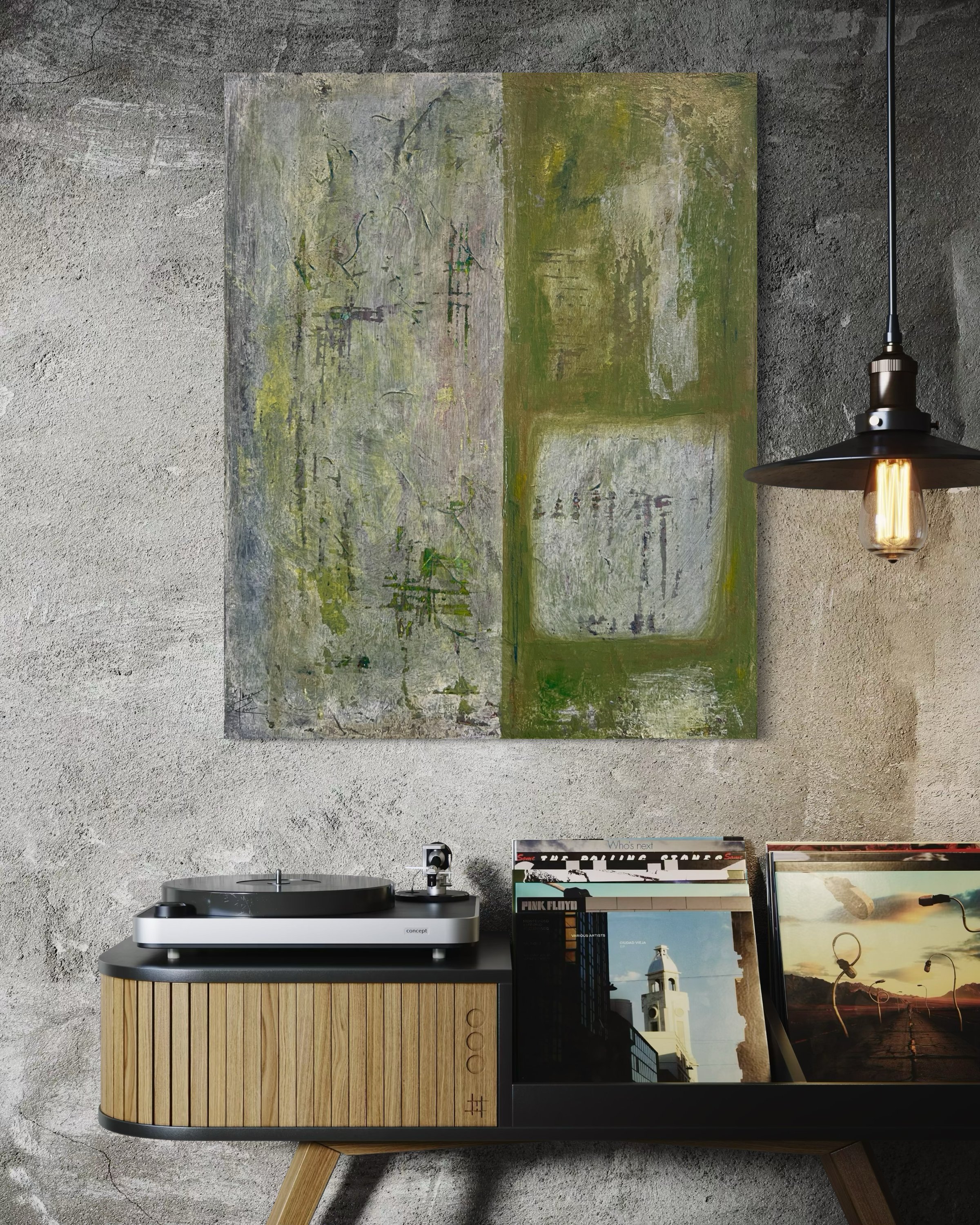 A canvas print of "JEPSR" by Tanja Rene hangs in an industrial style living space with a record player below it.