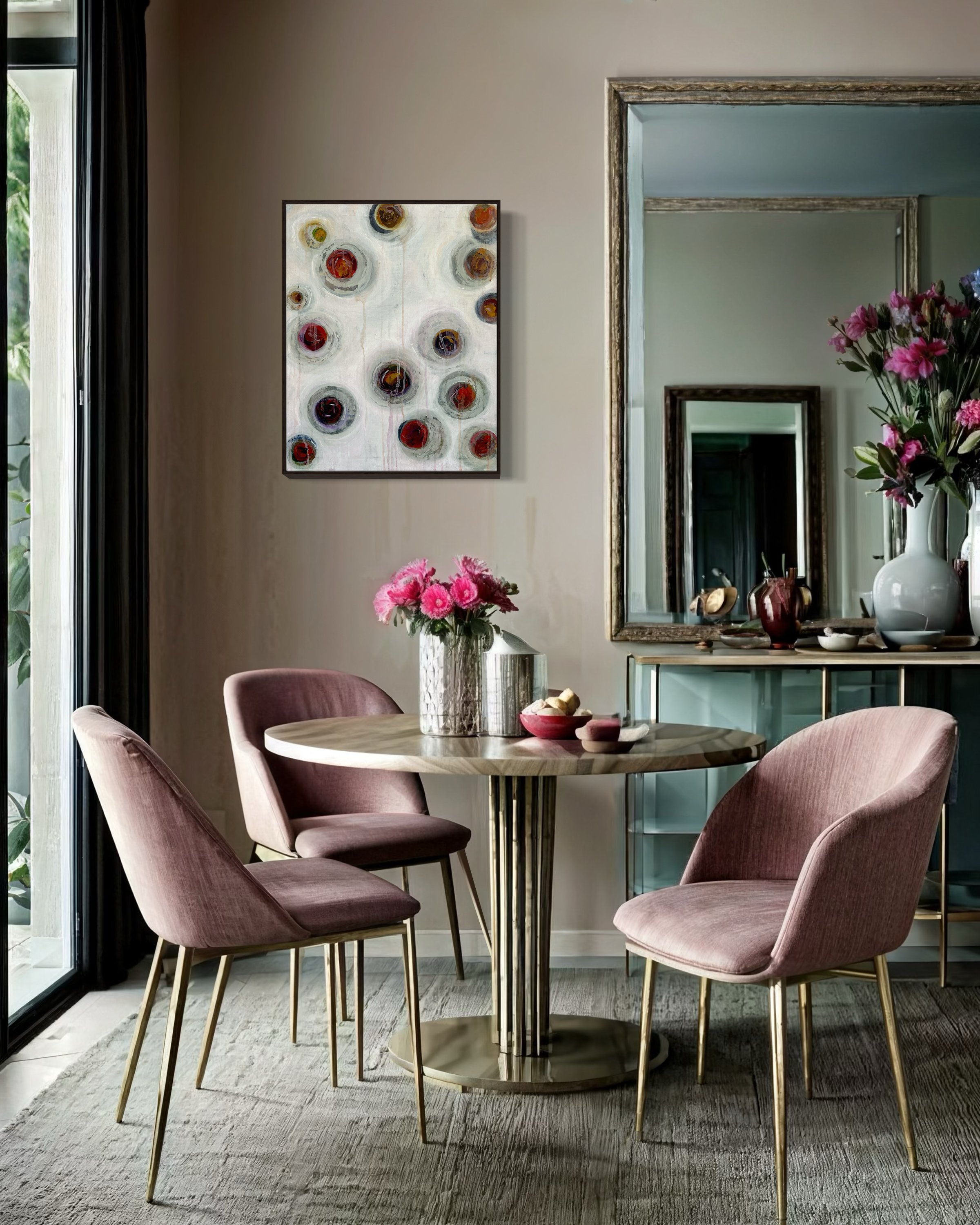 A canvas print of "A Latte Circles" by Tanja Rene hangs in a luxury dining space.