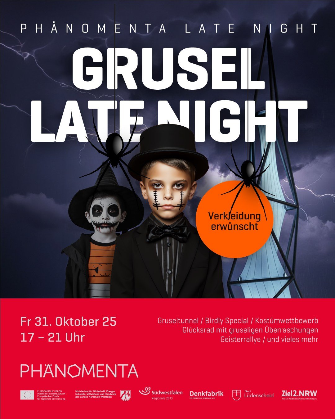 🔦 Auf zur Grusel Late Night in der @phaenomenta.luedenscheid 👻🧙
31.10. I 17&ndash;21 Uhr
PH&Auml;NOMENTA bei Nacht mit G&auml;nsehaut-Garantie!

Die PH&Auml;NOMENTA wird heute zur Geisterbahn! Kommt vorbei und erlebt einen Abend voller Spa&szlig;,