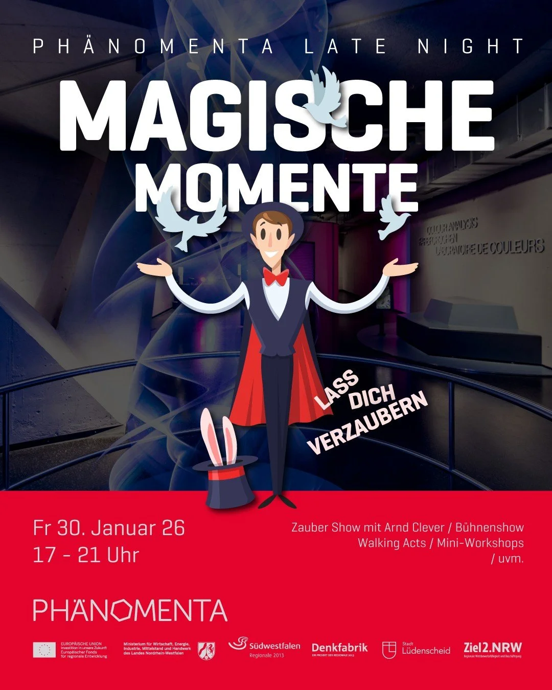 Zauberei Late-Night in der @phaenomenta.luedenscheid 🪄✨

Am Freitag, den 30. Januar von 17:00 bis 21:00 Uhr, erwartet euch ein Abend voller Magie:

🎩 B&uuml;hnenshow mit Zauberer Arnd Clever (17:30 und 19:30 Uhr)
✂️ Zauber-Bastelaktion
🪄 Walking A