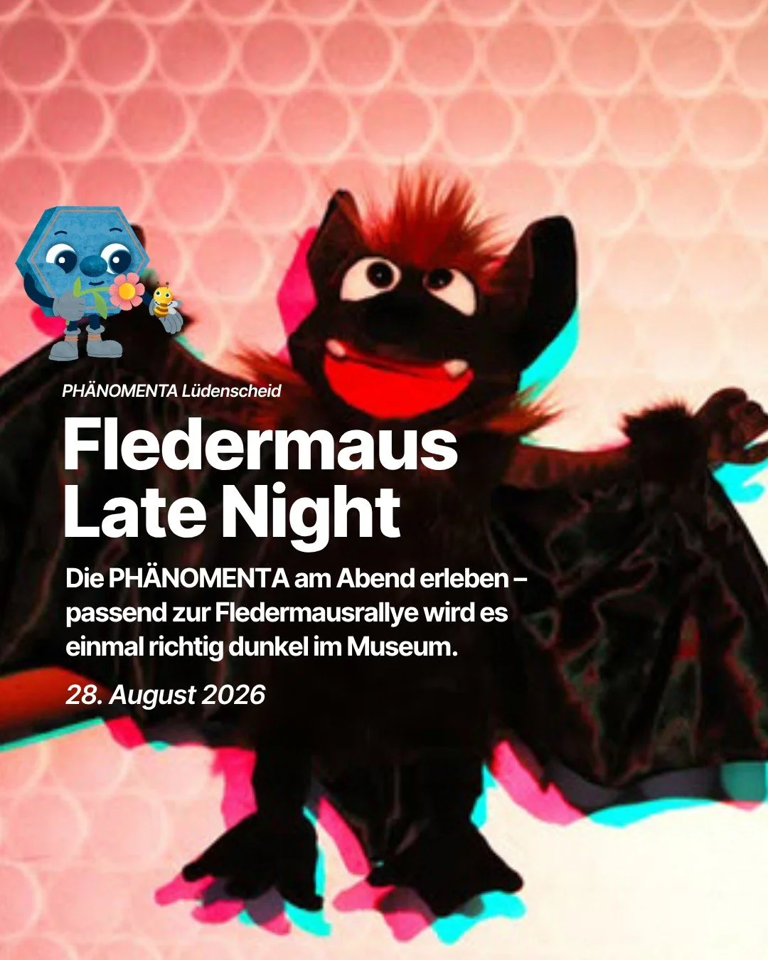 Fledermaus Late-Night am 28. August 2026 in der @phaenomenta.luedenscheid 🦇✨

Programm-Highlights:
🎤 Science-Show: &bdquo;Ich h&ouml;re was, was du nicht h&ouml;rst &ndash; mit den Ohren einer Fledermaus&ldquo; von Joachim Hecker
📹 NABU-Vortr&auml