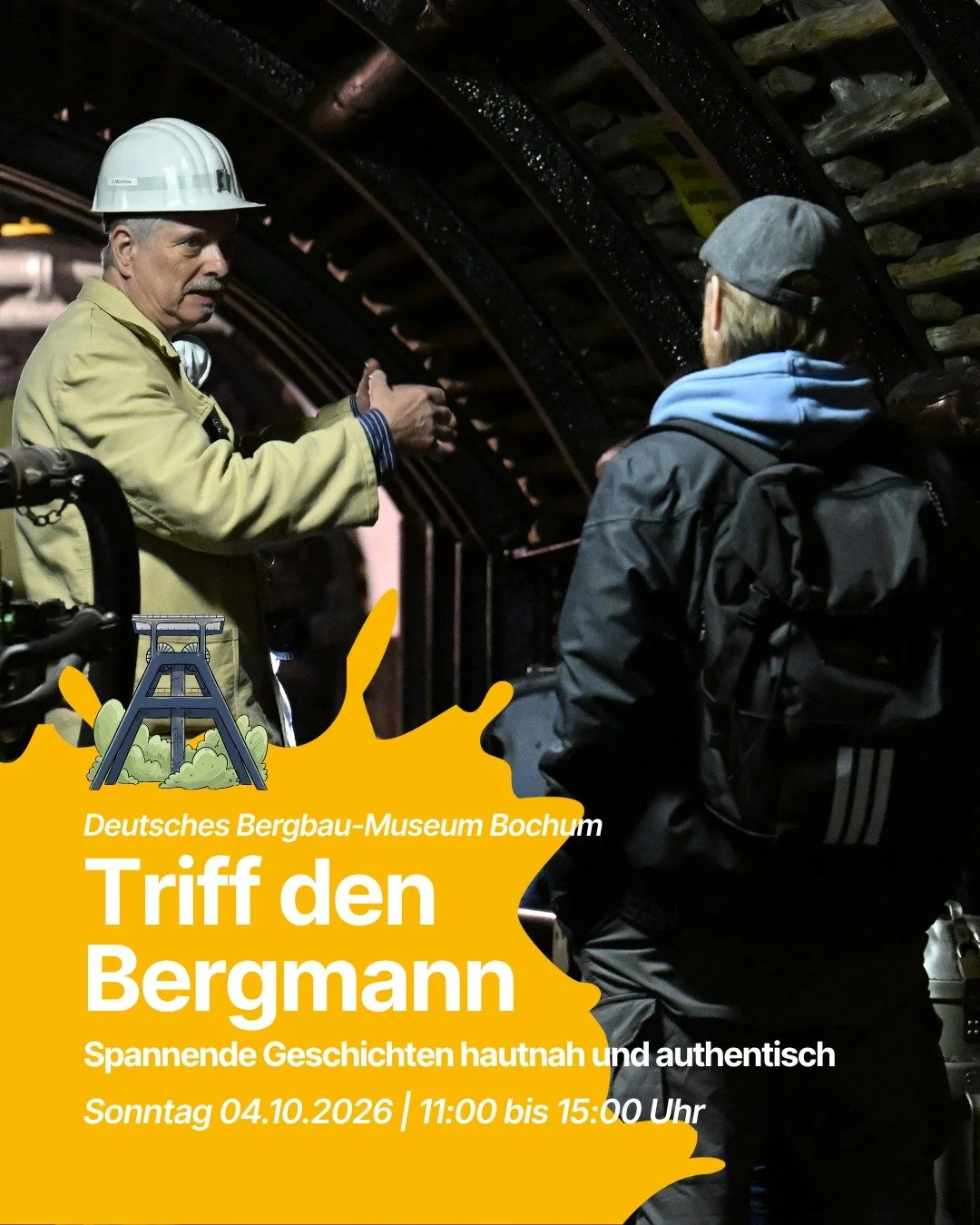 ⛏️ Triff den Bergmann &ndash; Geschichten aus erster Hand! ⛏️

Sie kennen sich mit jeder Menge Kohle aus: Ehemalige Bergleute, die viele Jahre unter Tage gearbeitet haben, erwarten euch im Anschauungsbergwerk des Deutschen Bergbau-Museums Bochum. 🔦
