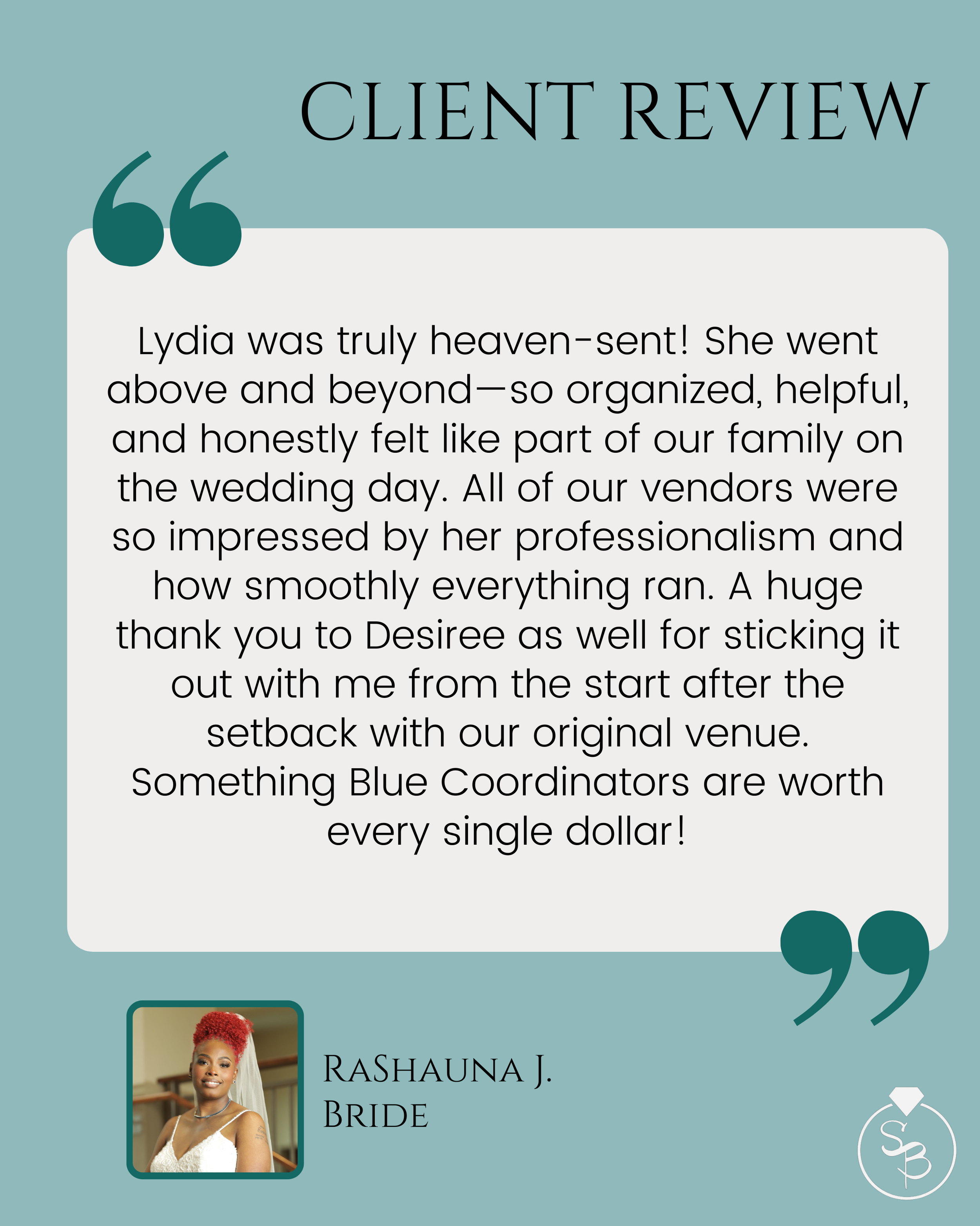 A wedding client review with praise for Lydia, a picture of a black bride with red hair, and a logo of a ring.